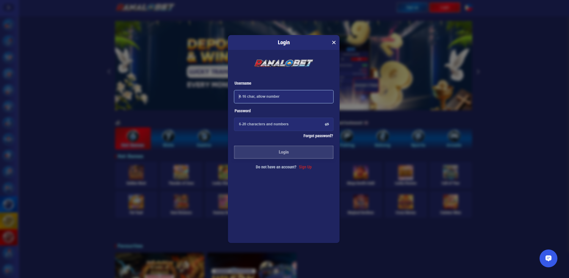 Panalobet Homepage Login Button Location